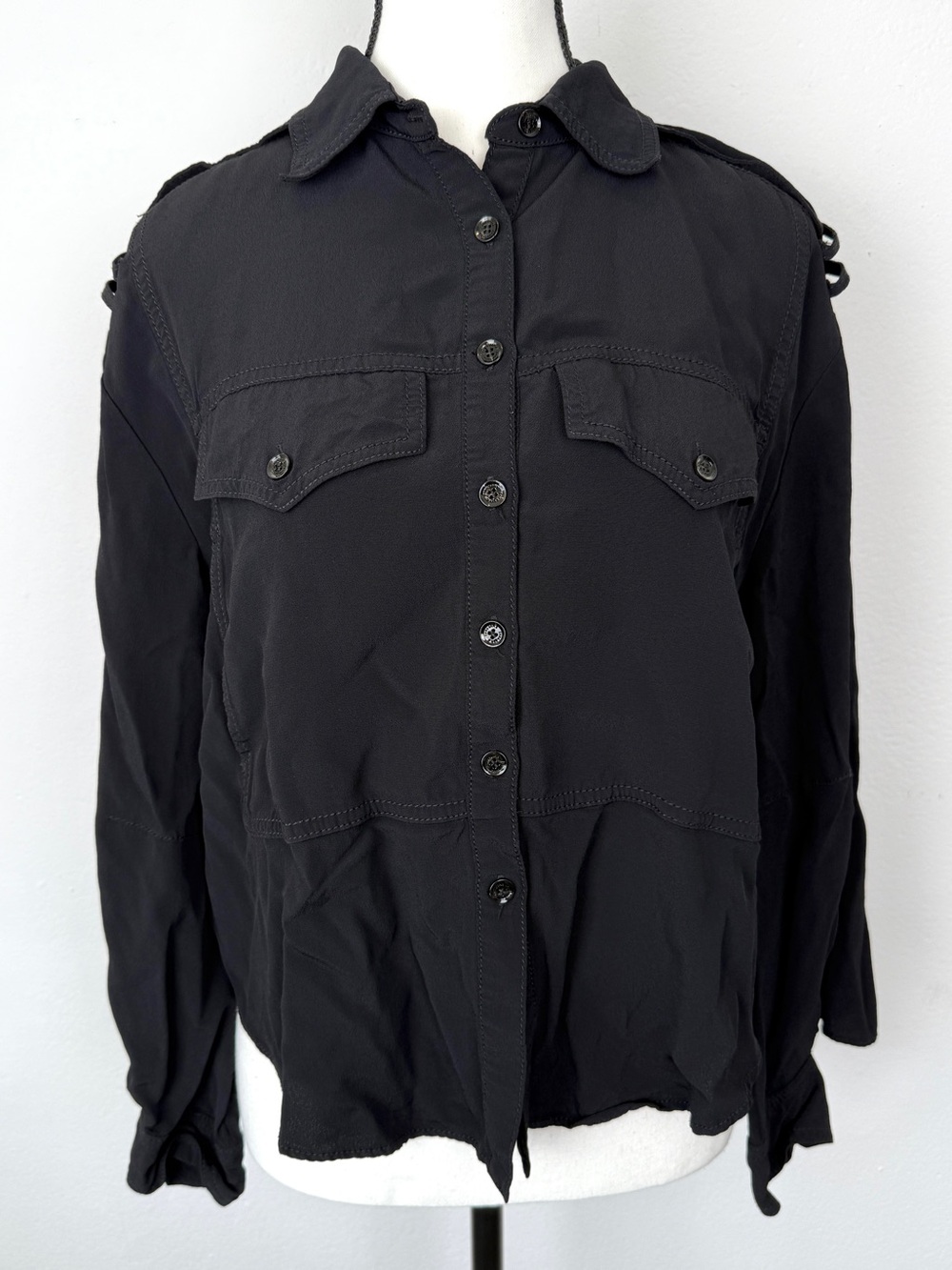Zara SRPLS Size Small Black Utility Button Front Long Sleeve Shirt